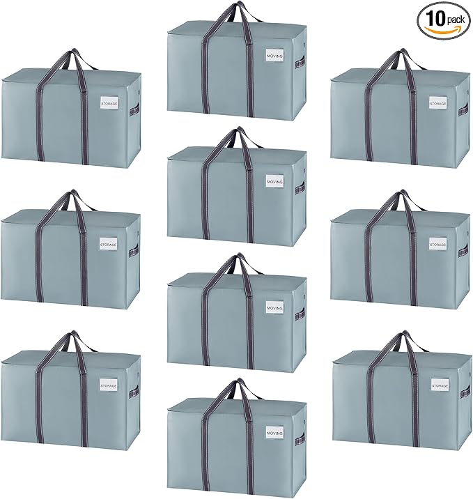 VENO 10 Pack Heavy Duty Moving Bags, Extra Large Storage Bags with Reinforced Handles & Strong Zippers, Foldable & Reusable Moving Box Alternative for Clothes & Dorm Storage