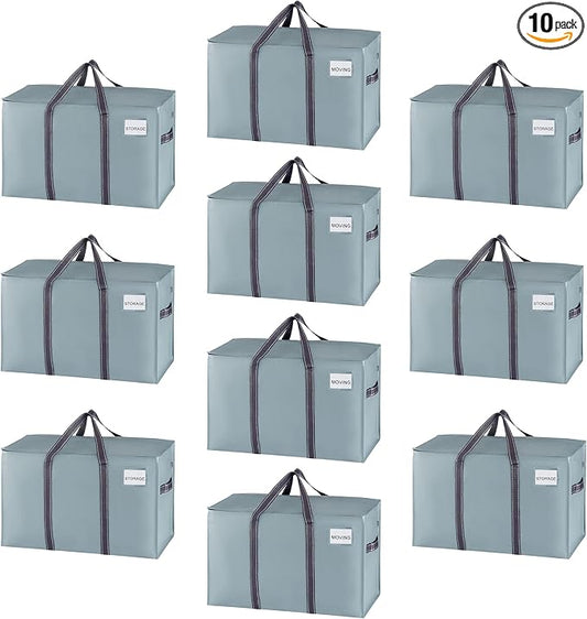 VENO 10 Pack Heavy Duty Moving Bags, Extra Large Storage Bags with Reinforced Handles & Strong Zippers, Foldable & Reusable Moving Box Alternative for Clothes & Dorm Storage