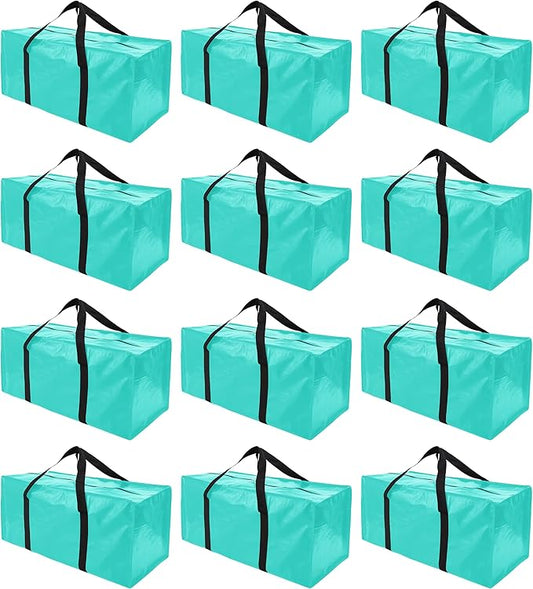 PANDA JOYS 12 Pack Extra Large Moving Bags with Zippers & Carrying Handles, Heavy-Duty Storage Tote for Space Saving Moving Storage, Fold Flat, Alternative to Box and Bin,Aquamarine