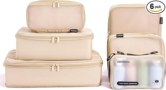 6 Set Compression Packing Cubes for 7–14 Day Travel, Durable Nylon Oxford Luggage Organizers with IP6X Waterproof Toiletry Bag, Expandable Suitcase Packing System (Mist Khaki)