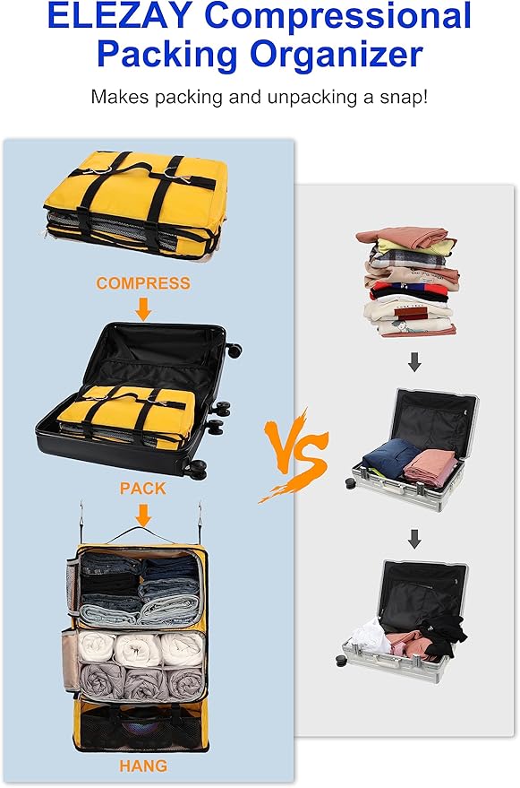 ELEZAY Hanging Packing Cubes Portable Closet 3-Shelf Travel Collapsible Compression Garment Organizer for Carry-on Luggage Suitcase Space Saver Bag XX-Large_No Side Pockets, Yellow