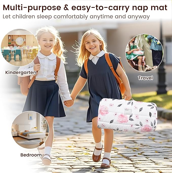 PHF Floral Toddler Nap Mat Set, with Removable Pillow for Toddler Girls, Soft and Lightweight for Daycare, Preschool, Travel, Kindergarten Sleeping Bag, Fits Ages 3-6 Years, Pink Floral