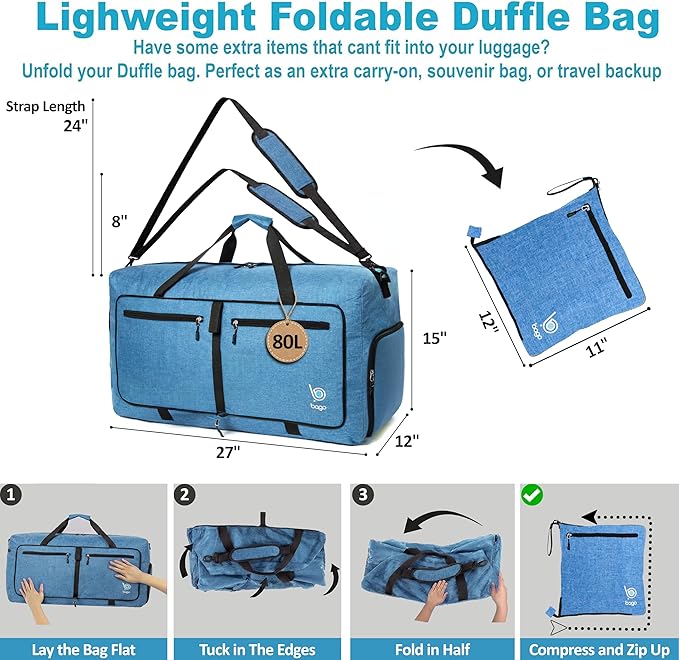 Bago Large Duffle Bag for Travel Women & Men. Durable Lightweight Foldable Travel Duffel Bags For Traveling Women. 80L Duffle Bags For Overnight Bag With Shoe Compartment Collapsible Weekender duffel