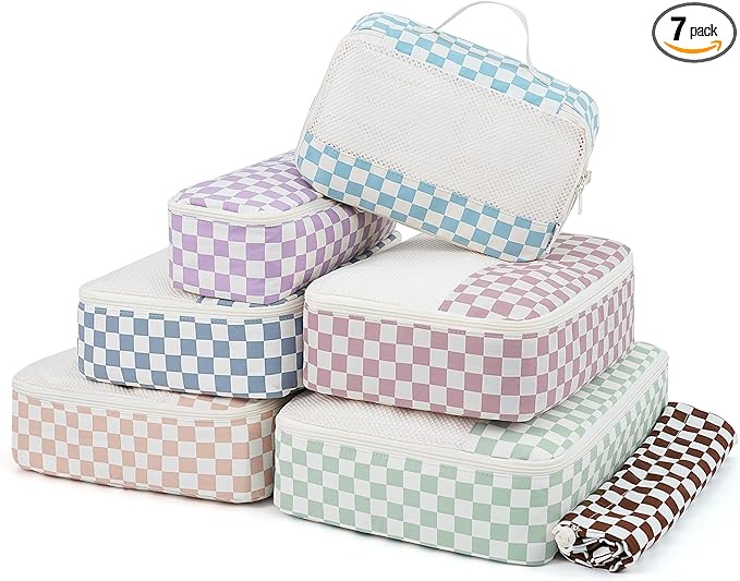 Narwey 7 Set Checkered Packing Cubes for Travel Kids Women, Durable Packing Organizer Bags for Carry on Suitcase Luggage Travel Essentials Accessories (Combined Checkerboard)