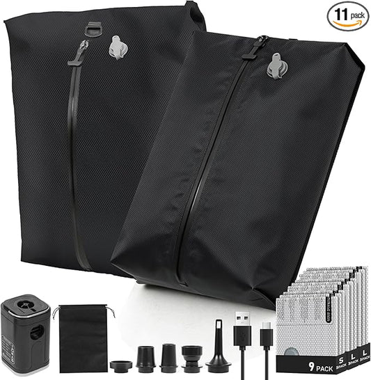 11-Pack Travel Vacuum Bags with Pump, 2×32L TPU IP68 Waterproof Seal Bags +9 PA+PE (3 Sizes) for Heavy Clothes, Winter Coats, Bedding, Basement, Luggage & Long Travel