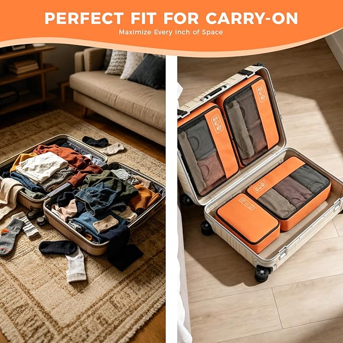 8-Piece Compression Packing Cubes for Travel, Bright & Lightweight Luggage Organizer System for Outdoor Travel & Adventure, Space Save for Backpack, Duffel Bag & Suitcase- Orange