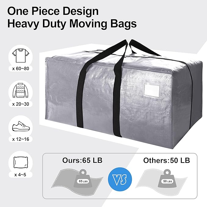 VELVETSURE Heavy Duty Extra Large Moving Bags W/Backpack Straps - Strong Handles & Zippers, Storage Totes For Space Saving, Fold Flat, Alternative to Moving Box and Storage Bin (Set of 6, Silver)