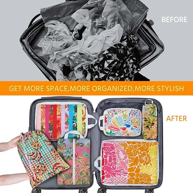 6 Pcs Compression Packing Cubes Waterproof Suitcase Travel Bag Luggage Backpack Organizer Travel Cubes for Packing-Tropical Banana