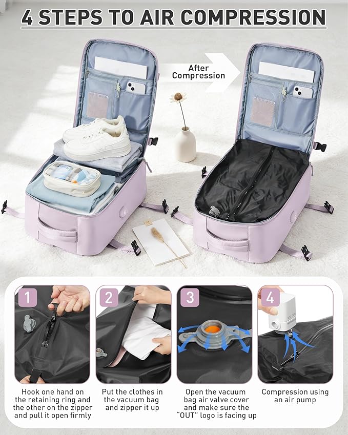 Vacuum Seal Backpack for Travel with Air Pump Compression Daypack Personal Item Carry on Flight Approved Vacpack Laptop Space Saver Bags Storage with Vacuum System Travel Bag Women Men LotusPink