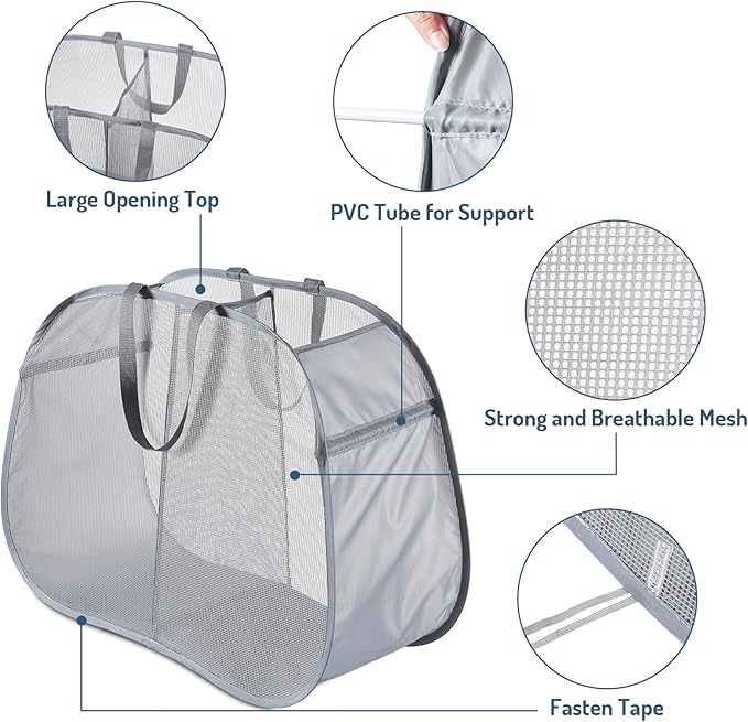 Seiritex Mesh Popup Laundry Hamper 2 Compartment, Collapsible Laundry Sorter Basket Foldable Hamper for Clothes, College Dorm, Travel (Gray)