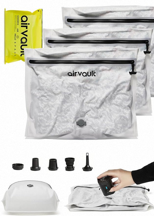 AirVault Premium Reusable Vacuum Seal Storage Bag for Carry On Suitcases & Backpack, Space Saver Airline Travel Vacpack, Pump Included (15L Flat, 3-Pack)