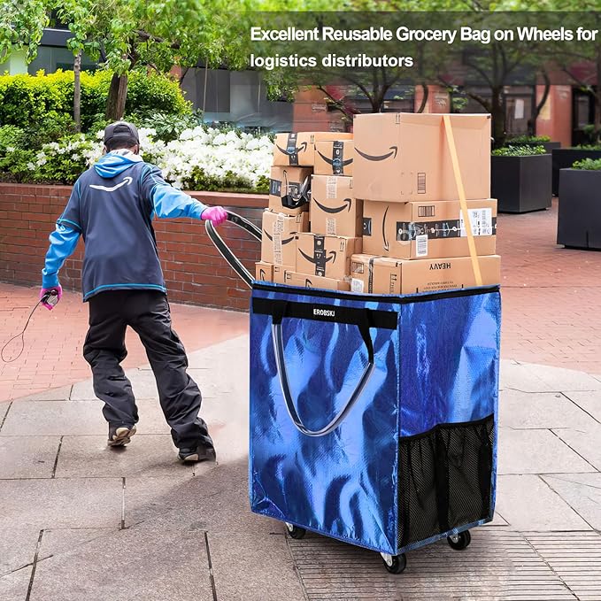 (Medium, Navy Blue) Reusable Grocery Bag on Wheels, 70L Foldable Rolling Tote, Carries Up to 66 lbs Shopping Trolley, Zipper Clouser Shopping Carts for Trips, Laundry, 4 Heavy Duty Wheels