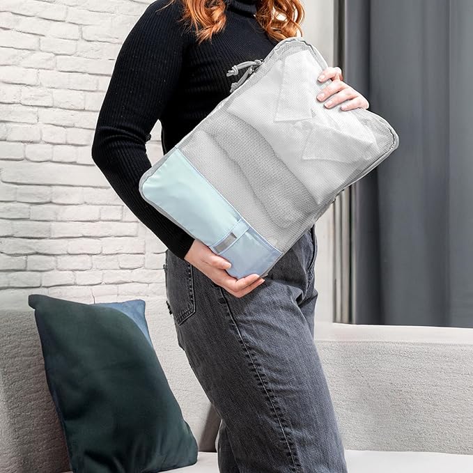(Not Made In China) 6pc Compression Packing Cubes For Travel, Suitcase and Luggage Space Saver Organizer Bags, Lightweight, Waterproof, Durable, Blue
