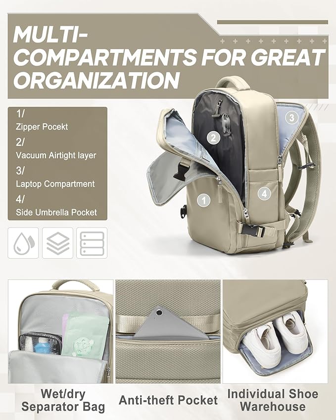 suwasp Vacuum Compression Backpack, 40L Expandable Travel Backpack with Electric Vacpack Pump, Travel Vacuum Bags with Shoe Compartment/15.6inch Laptop Compartment/USB Port, Khaki