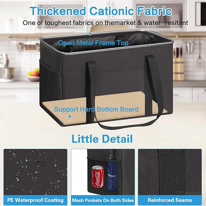 LHZK Standing Utility Tote Bag with Metal Wire Frame and the Sides Rinforced, Large Tote Bag with Handle, Reusable Grocery Bags Foldable, Beach Bag, Car Tote (Black, 18.5''x11.8''x11.5'')