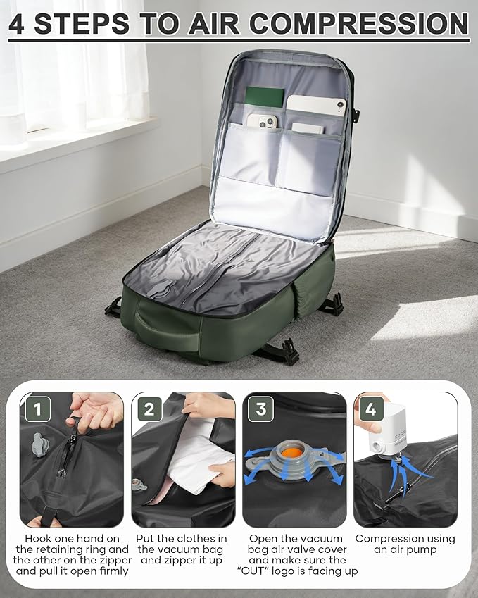 WONHOX Vacuum Seal Backpack for Travel with Air Pump Compression Daypack Personal Item Carry on Flight Approved Vacpack Laptop Space Saver Bags Storage with Vacuum System Travel Bag Women Men Green