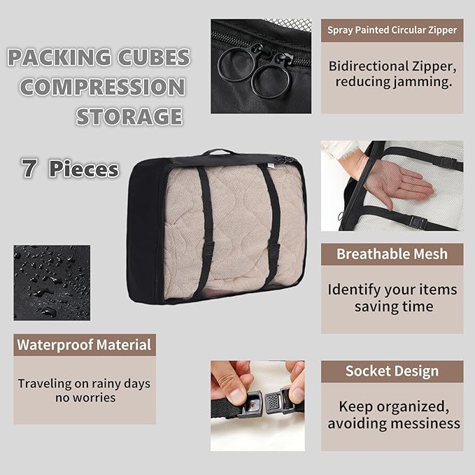 7 Set Packing Cubes for Travel,Suitcase Organizer Bags for Luggage with Shoe Bag, Vacation Travel Essentials & Accessories for Cruise Ship, Airplane Must-Have,Road Trip & Camp Gifts(Black)