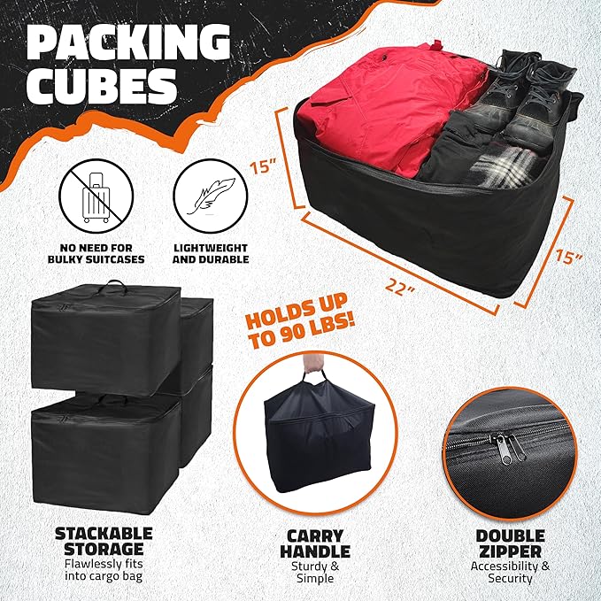 Mockins 48"x18"x6" Folding Trailer Hitch Cargo Carrier & 15 Cu Ft Waterproof Cargo Bag with Packing Cube Set of 4 | Weatherproof 500 Lbs Cap Luggage Rack for SUV Truck Van Car Trailer with Accessories