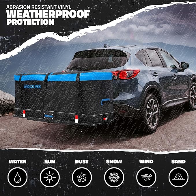 Mockins 60"x20"x6" Heavy Duty Trailer Hitch Cargo Carrier w/ 16 Cu Ft Waterproof Cargo Bag & 4 Packing Cubes | 500 Lbs. Capacity Folding Luggage Rack for SUV Car Truck & RV w/Hitch Basket Accessories
