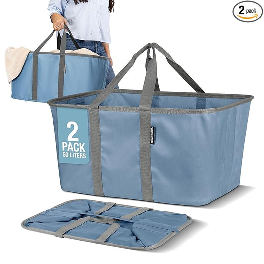 CleverMade Collapsible Laundry Tote 2-Pack (50L) – Foldable Carry-All Storage Bin for Laundry, Car Trunk, RV, Dorm & Home Organization - Denim