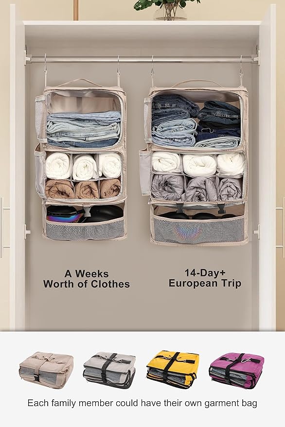 ELEZAY Hanging Packing Cubes Portable Closet 3-Shelf Travel Collapsible Compression Garment Organizer for Carry-on Luggage Suitcase Space Saver Bag X-Large_No Side Pockets, Beige