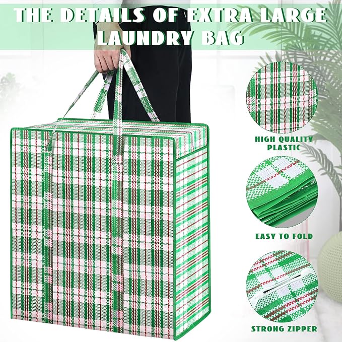 Hoolerry 8 Pcs Large Plastic Laundry Bag with Zipper 82.5 L Checkered Moving Bag Heavy Duty with Handles for Packing Clothes Travel Bedding Blanket, 19.7 x 21.7 x 11.8 Inch