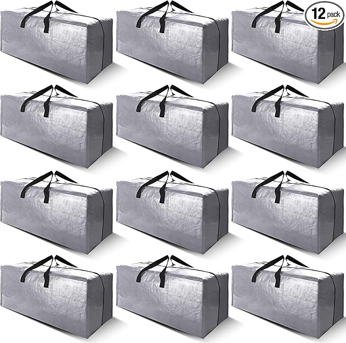 Cosy Family 12 Pack Heavy Duty Moving Bags with Backpack Straps - Strong Handles & Zippers, Storage Totes For Space Saving, Fold Flat, Alternative to Moving Box (X-Large-Set of 12, Silver)