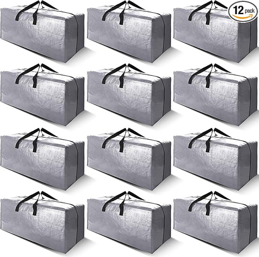 Cosy Family 12 Pack Heavy Duty Moving Bags with Backpack Straps - Strong Handles & Zippers, Storage Totes For Space Saving, Fold Flat, Alternative to Moving Box (X-Large-Set of 12, Silver)