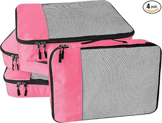 WTREE 4-Piece Packing Cubes Travel Accessories Set for Suitcases - Luggage Organizer Bags with Double Zipper - Mesh Top - Small - Pink