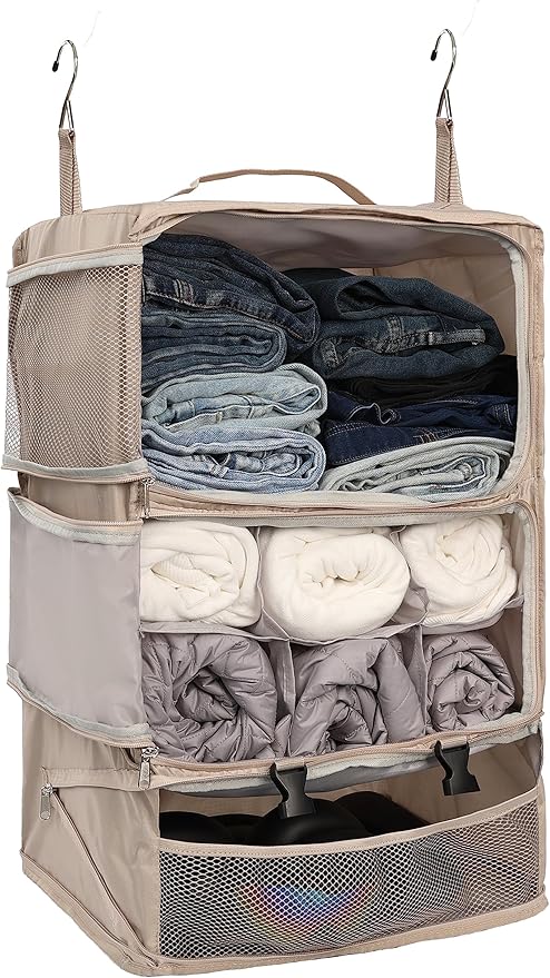 ELEZAY Hanging Packing Cubes Portable Closet 3-Shelf Travel Collapsible Compression Garment Organizer for Carry-on Luggage Suitcase Space Saver Bag XX-Large_No Side Pockets, Beige