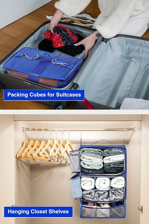 ELEZAY Hanging Packing Cubes Portable Closet 3-Shelf Travel Collapsible Compression Garment Organizer for Carry-on Luggage Suitcase Space Saver Bag X-Large_12*10 * 24 in, Blue