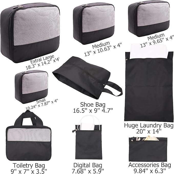 DoubleTrip 9-Piece Black Travel Organizer Set with 4 Packing Cubes, Cosmetic Organizer, Shoe & Electronics Pouches, and Accessories & Laundry Bag for Luggage Storage & Travel Essentials