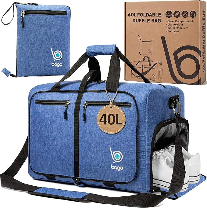 Bago Compact Duffle Bag for Travel Women & Men. Durable Lightweight Foldable Travel Duffel Bags For Traveling Women. 40L Duffle Bags a Reliable Weekender duffel or Overnight Bag With Shoe Compartment