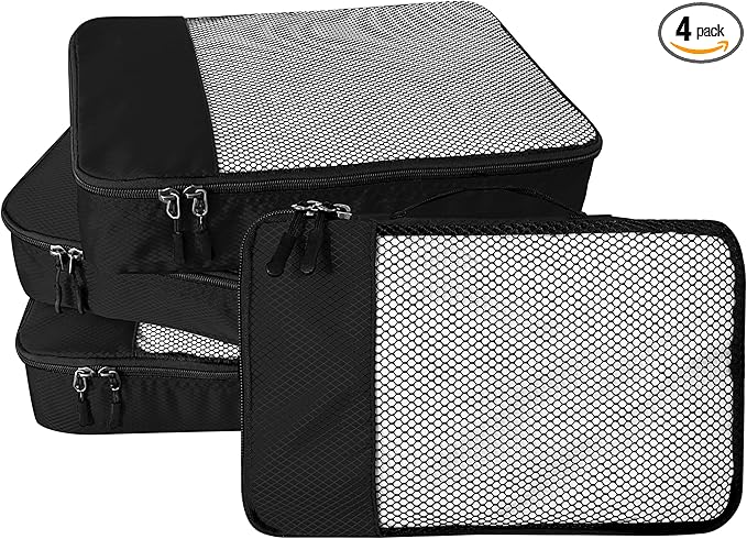 WTREE 4-Piece Packing Cubes Travel Accessories Set for Suitcases - Luggage Organizer Bags with Double Zipper - Mesh Top - Large - Black