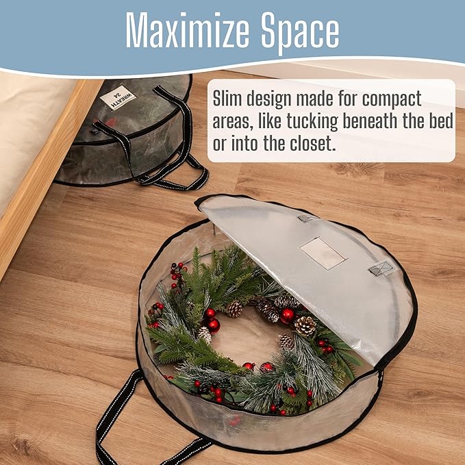 VENO 24 Inch Wreath Storage Container, 2 Pack Clear Round Christmas Wreath Storage Bag, Heavy Duty Clear Holder with Wall Hanging Handles