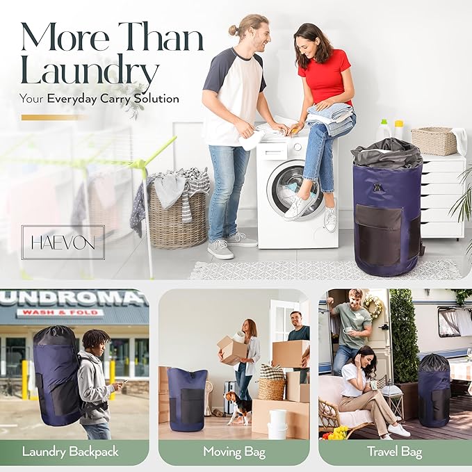 HAEVON Laundry Backpack - 131L Heavy Duty Laundry Bag with Padded Shoulder & Waist Straps, Removable Liner - College, Dorm, Apartment, Travel, Outdoor - Big Laundry Bag for Easy Carrying (Blue Black)