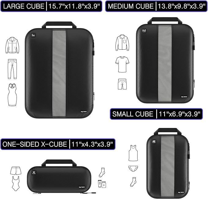 Premium Ultralight Compression Packing Cubes for Travel - Bag Factor Luggage Organizer Set (Double Sided Clean Dirty - Black - 4 Set)