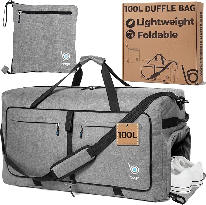 Bago Large Duffle Bag for Travel Women & Men. Durable Lightweight Foldable Travel Duffel Bags For Traveling Women. 100L Duffle Bags for Overnight Bag With Shoe Compartment Collapsible Weekender duffel