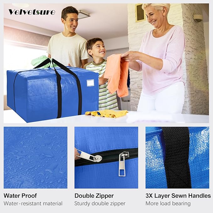 VELVETSURE Heavy Duty Extra Large Moving Bags W/Backpack Straps - Strong Handles & Zippers, Storage Totes For Space Saving, Fold Flat, Alternative to Box and Bin (Set of 6, Multicolor)