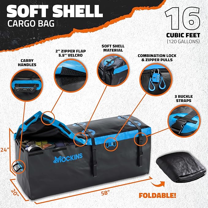 Mockins 60"x20"x6" Heavy Duty Trailer Hitch Cargo Carrier w/ 16 Cu Ft Waterproof Cargo Bag & 4 Packing Cubes | 500 Lbs. Capacity Folding Luggage Rack for SUV Car Truck & RV w/Hitch Basket Accessories
