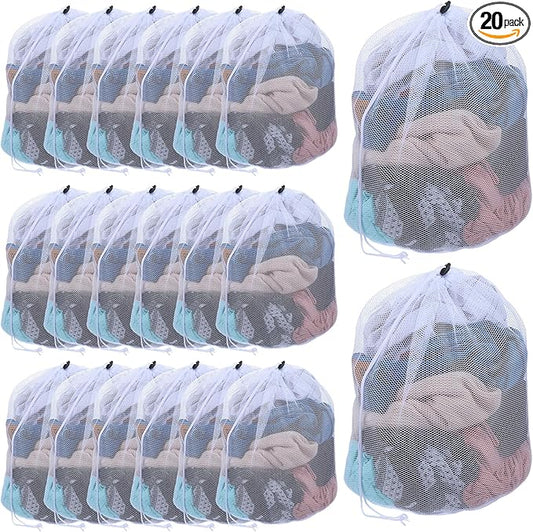 20 Pcs Mesh Laundry Bags Bulk with Drawstring 20 x 24'' Hanging Heavy Duty Medium Mesh Dry Cleaning Bag Machine Washable Large Net for Clothes,Sock,Bed Linen Dormitory Travelling Camping