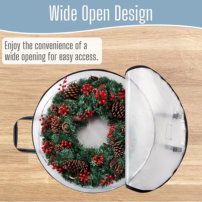 VENO 30 Inch Wreath Storage Container, 2 Pack Clear Round Christmas Wreath Storage Bag, Heavy Duty Clear Holder with Wall Hanging Handles
