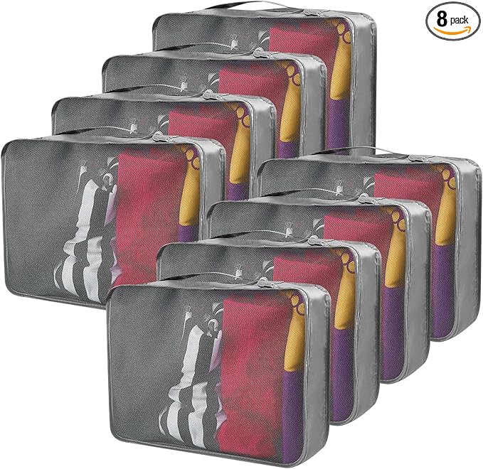 Silkfly 8 Pcs XL Packing Cube for Travel Luggage Organizer Suitcase High Capacity Large Packing Bag Bulk Reusable Mesh Travel Cube for Hiking Camping Accessory, 17.7 x 13 x 4.7 Inch (Gray)