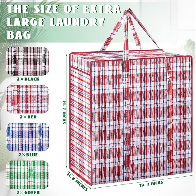 Hoolerry 8 Pcs Large Plastic Laundry Bag with Zipper 82.5 L Checkered Moving Bag Heavy Duty with Handles for Packing Clothes Travel Bedding Blanket, 19.7 x 21.7 x 11.8 Inch