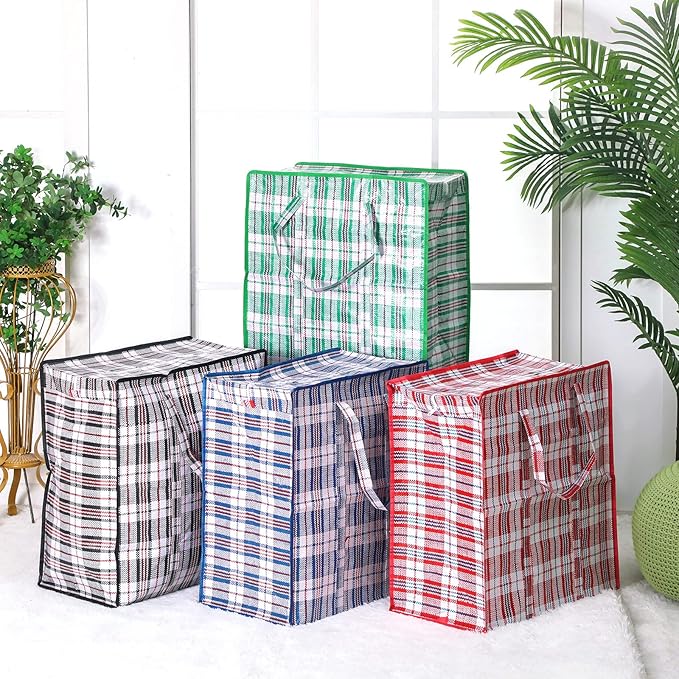 Hoolerry 8 Pcs Large Plastic Laundry Bag with Zipper 82.5 L Checkered Moving Bag Heavy Duty with Handles for Packing Clothes Travel Bedding Blanket, 19.7 x 21.7 x 11.8 Inch