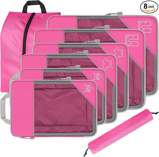 8 Set Compression Packing Cubes for Travel, Expandable Luggage Organizer with Shoe Bag & Laundry Bag - Lightweight Suitcase & Backpack Travel Essentials (Pink)