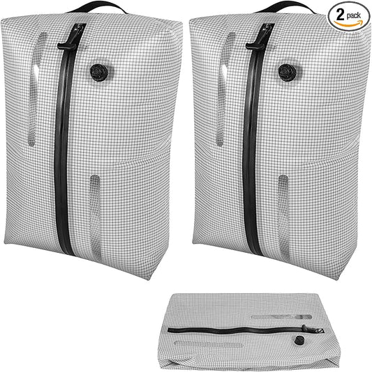 Reusable TPU Travel Vacuum Compression Bags - Waterproof Space Saver Bags for Luggage, Suitcase, Backpack, Storage Organizer (2 Pack, Grid)