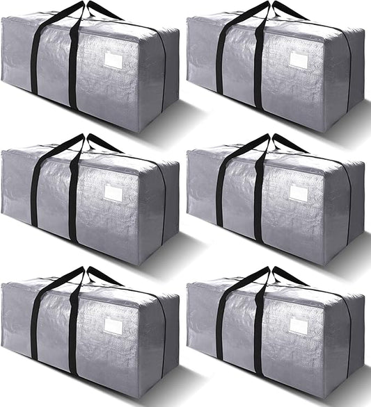 VELVETSURE Heavy Duty Extra Large Moving Bags W/Backpack Straps - Strong Handles & Zippers, Storage Totes For Space Saving, Fold Flat, Alternative to Moving Box and Storage Bin (Set of 6, Silver)