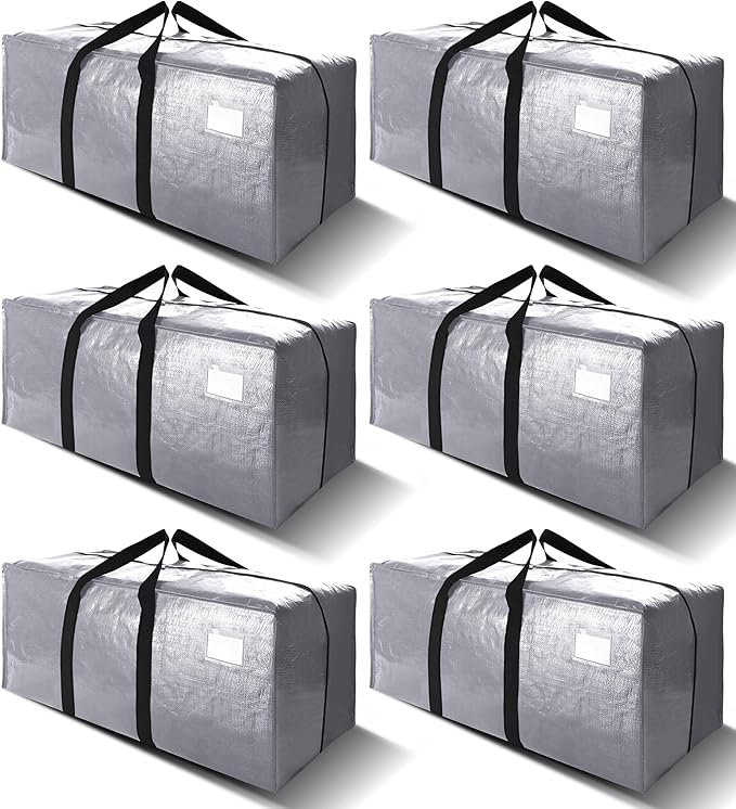 6 Pack Heavy Duty Extra Large Moving Bags W/Backpack Straps - Strong Handles & Zippers, Storage Totes For Space Saving, Fold Flat, Alternative to Box and Bin (40 gal, Silver)