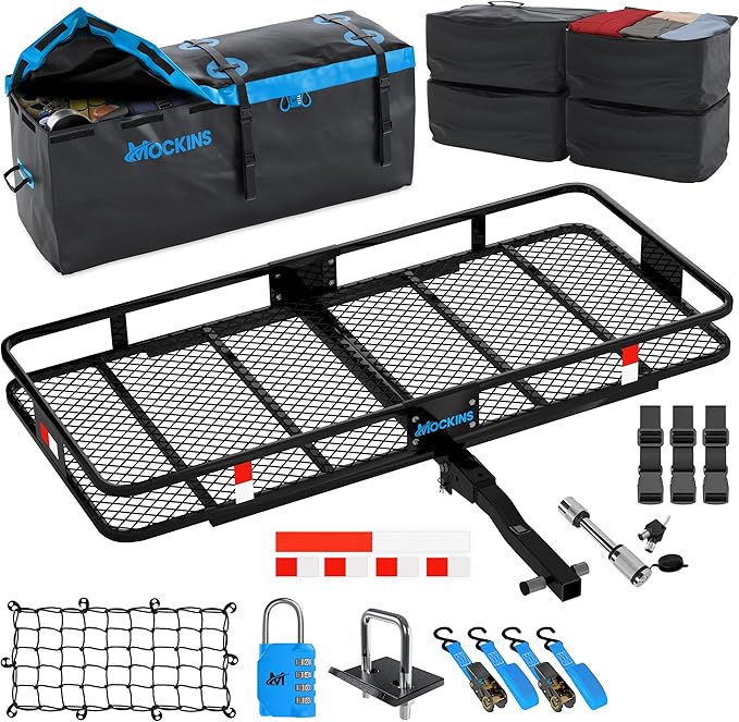 Mockins 60"x20"x6" Heavy Duty Trailer Hitch Cargo Carrier w/ 16 Cu Ft Waterproof Cargo Bag & 4 Packing Cubes | 500 Lbs. Capacity Folding Luggage Rack for SUV Car Truck & RV w/Hitch Basket Accessories